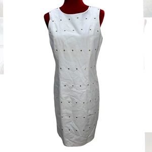 Michael Kors Sz 8 White Sleeveless Pencil Dress Gold Studded Front NWT T1
